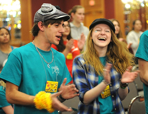Ian Russ and Brynna Kelly, of Immaculate Conception Church, East Aurora, rock out to the Catholic sounds of the Carrie Ford Band in the Grand Ballroom of the Adams Mark Hotel during the 